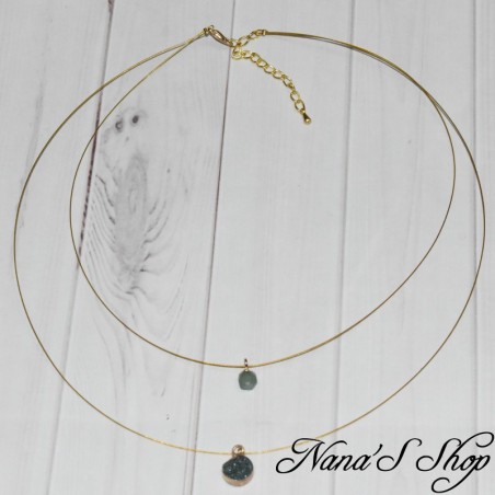 Collier doré double rang, réglable et pendentif pierre en Quartz verte à facette et pendentif Druzy de forme ronde.