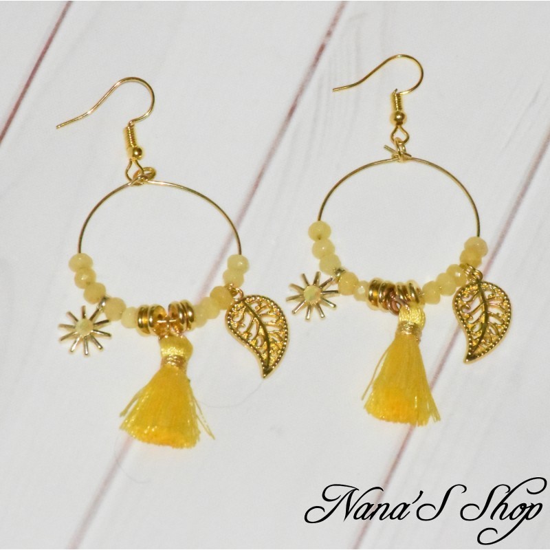 Boucles d'oreilles dorée de style Bohème, Pompons Tassel et perles, coloris jaune.