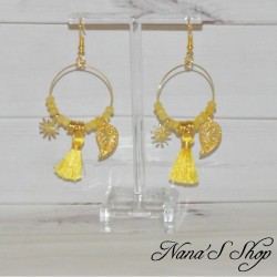 Boucles d'oreilles dorée de style Bohème, Pompons Tassel et perles, coloris jaune.