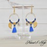 Boucles d'oreilles dorée de style Bohème, Pompons Tassel et perles, coloris bleu royal.