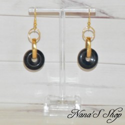 Boucles d'oreilles dorées, pendantes, perle Donuts noir