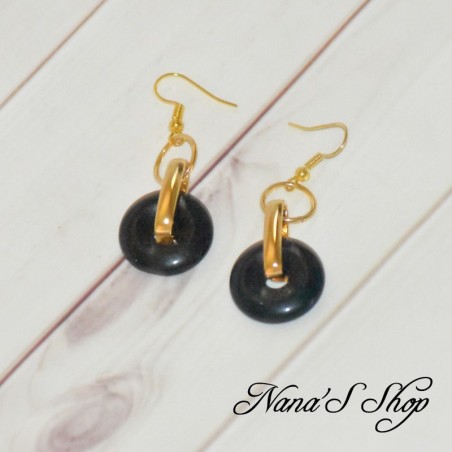 Boucles d'oreilles dorées, pendantes, perle Donuts noir