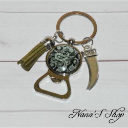 Porte clés décapsuleur, motif Paisley, tons vert