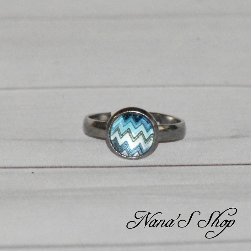 Bagues réglables, petit cabochon Zigzag, tons bleu,