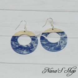 Boucles d'oreilles fantaisie imitation résine et bois, bleu foncé, modèle 2, cercles.