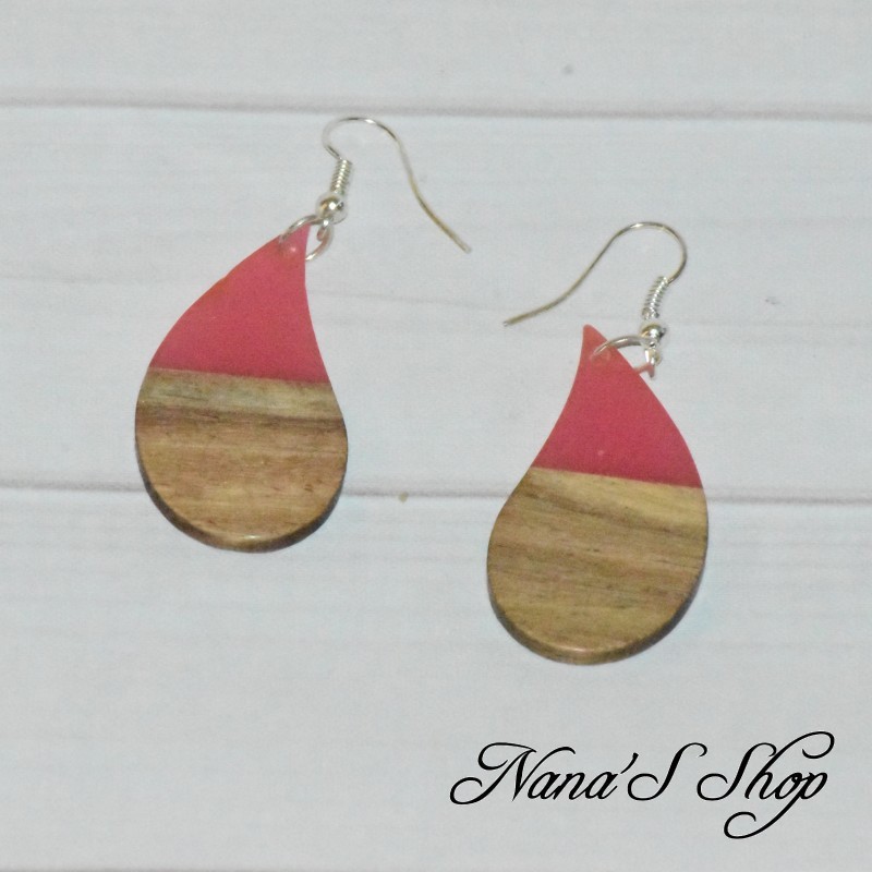 Boucles d'oreilles, imitation résine et bois, couleur uni, forme goutte, coloris rose,