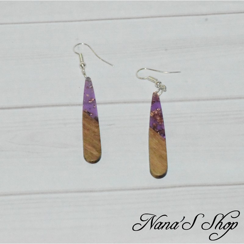 Boucles d'oreilles fantaisie imitation résine et bois, Larme fine, violet.