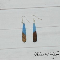 Boucles d'oreilles fantaisie imitation résine et bois, Larme fine, bleu.