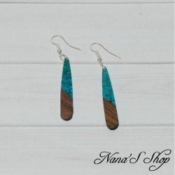 Boucles d'oreilles fantaisie imitation résine et bois, Larme fine, bleu turquoise.