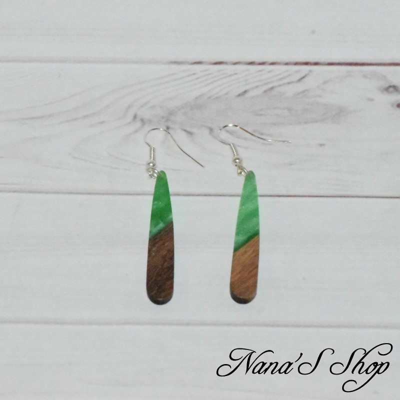 Boucles d'oreilles fantaisie imitation résine et bois, Larme fine, vert.