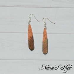 Boucles d'oreilles fantaisie imitation résine et bois, Larme fine, orange.