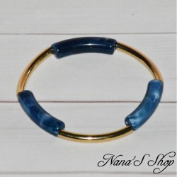 Bracelet en perles incurvé, Résine colorée et métal doré, coloris bleu.