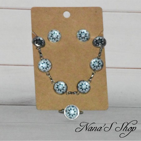 Parure Mandala: Bracelet, boucles d' oreilles et bague cabochons assortis