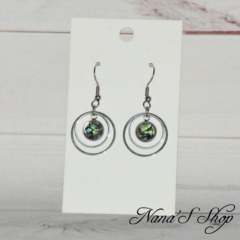 Boucles d' oreilles, pendentif cercles et cabochon en résine,