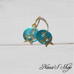 Mini créoles, Pendentif nacre et étoile, coloris bleu turquoise.