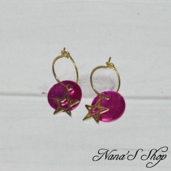 Mini créoles, Pendentif nacre et étoile, coloris rose fuchsia.