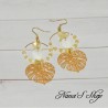 Boucles d' oreilles rondes,  pendentif feuille de Monstera, coloris blanc,