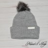 Bonnet tricoté mains, à revers et à pompon, en acrylique, coloris gris,