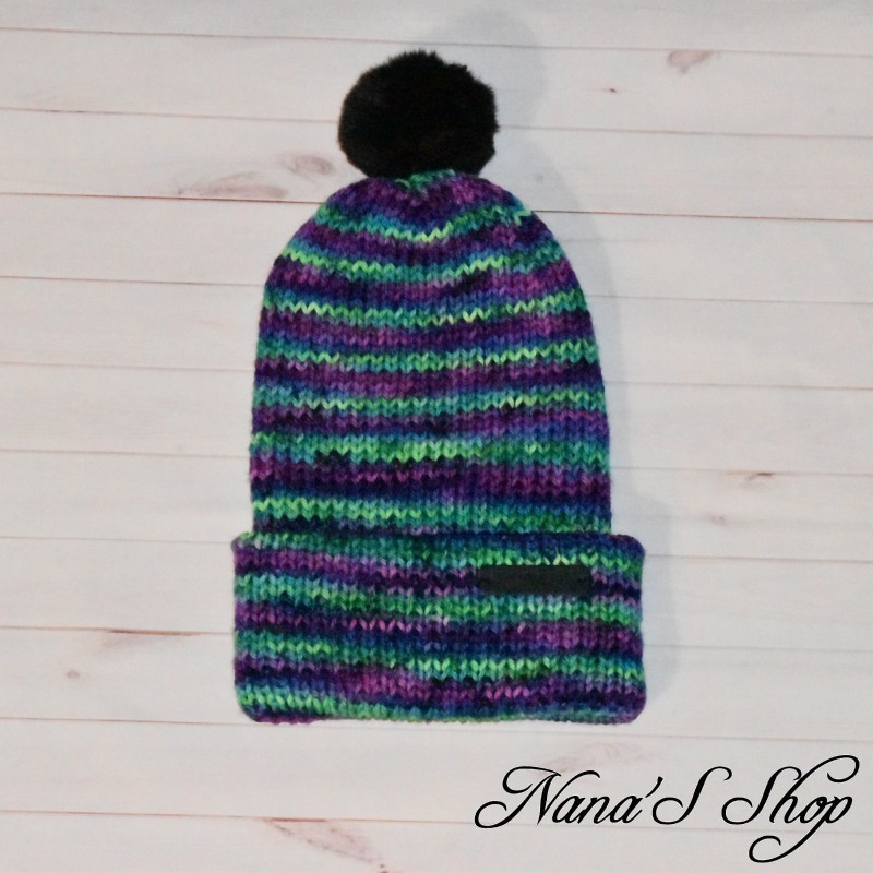 Bonnet revers et Pompon, Mérinos, Bariolé dans les tons violet et vert,