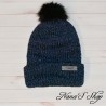 Bonnet Mixte tricoté mains, à revers et à pompon, doublé, en laine tricolore Bleu noir et gris