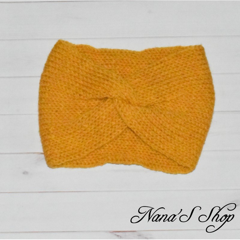 Bandeau twisté, uni, en acrylique, modèle Soft, coloris jaune moutarde.