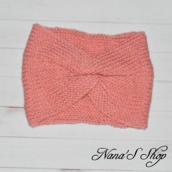 Bandeau twisté, uni, en acrylique, modèle Soft, coloris rose corail.