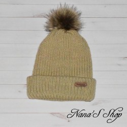 Bonnet mixte enfant, à revers et Pompon, en Laine beige, détails assortis,