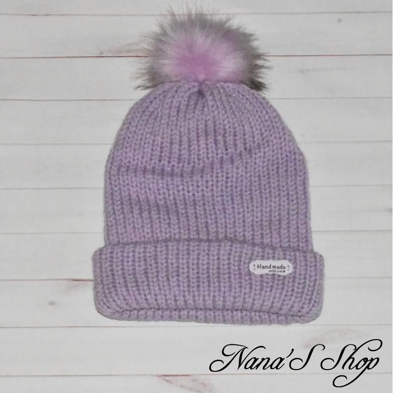 Bonnet fille, à revers et Pompon, en Laine, de couleur Mauve,