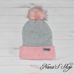 Bonnet Bicolore, fille, à revers et Pompon, modèle 2, gris et rose pâle,