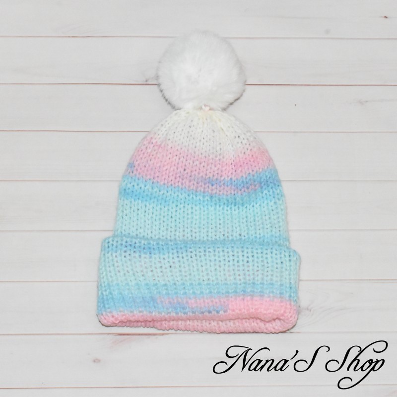 Bonnet colorée, fille, à revers et Pompon, modèle Magic, coloris Bleu, Rose et Blanc mélangés.