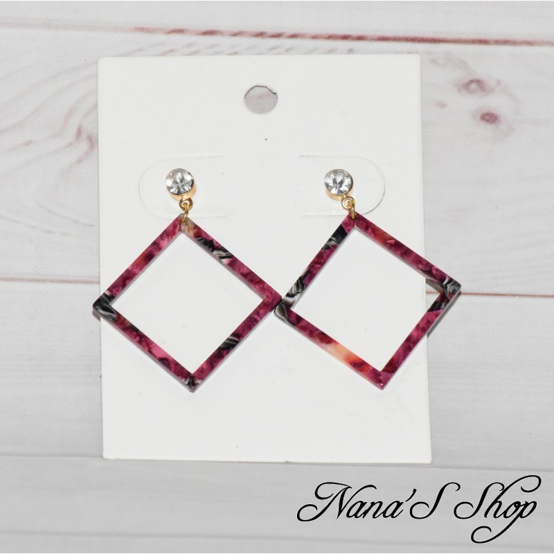 Boucles d'oreilles carré, en résine effet métal nacré, coloré et tacheté, coloris Rouge.